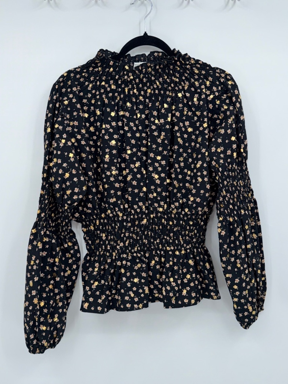 Molly Bracken Black Floral Smocked Blouse Sheer Cottagecore Romantic Top M